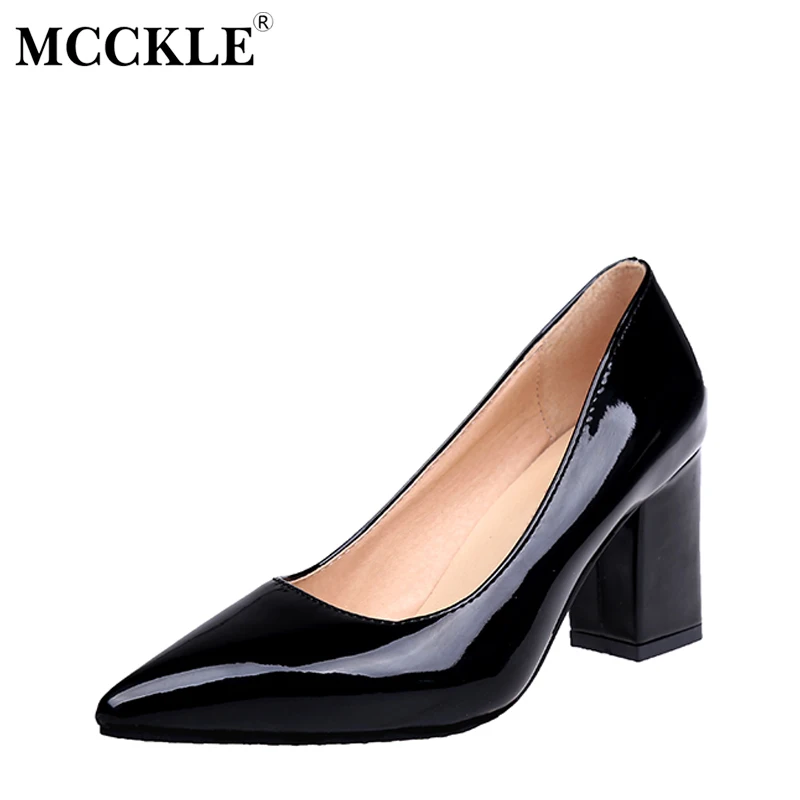 black pointed toe chunky heel