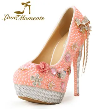 

Love Moments Pink Color Women Pumps Pearl Rhinestone Bow Wedding Shoes Bridal High Heels Handmade Crystal Platform Prom Pumps