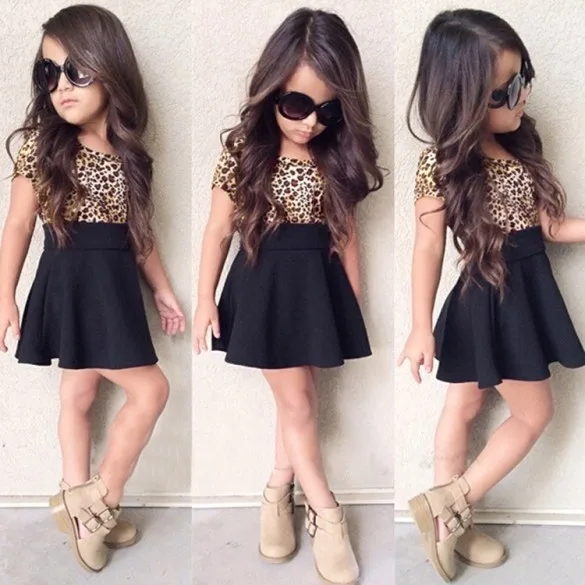 2015 реального Vestido Infantil Эльза Мода Для детей девушки леопарда лоскутное короткий рукав Высокая Талия Повседневное плиссированные