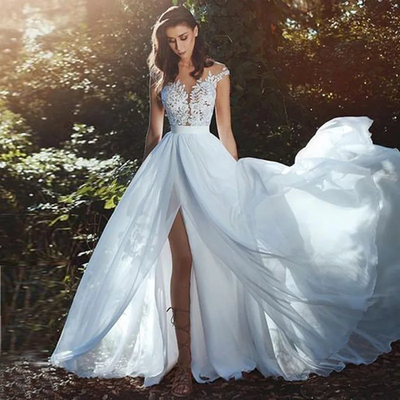 

White Ivory Summer Beach Women Dresses 2018 Sheer Neck Cap Sleeves Lace Chiffon Side Split Long Sexy Prom Gowns Party Dresses