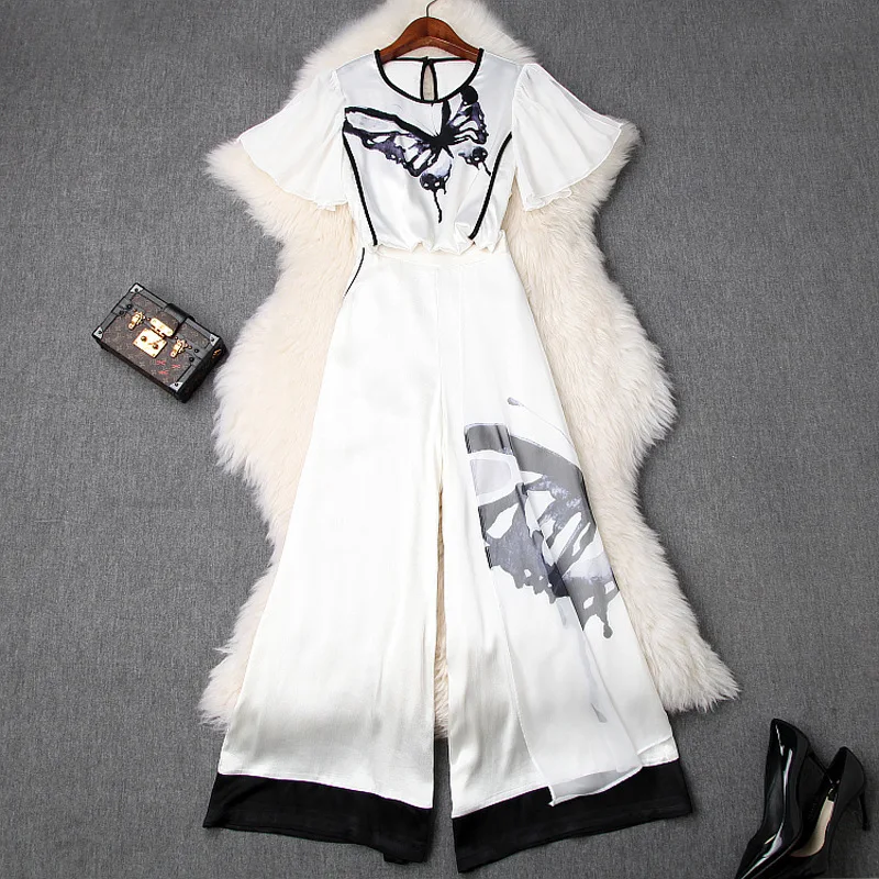 

Pant Suits Summer Woman 2019 New Fashion Casual Butterfly Printed Top + Empire Waist Patchwork Chiffon Wide Leg Pants 2 PCS Set