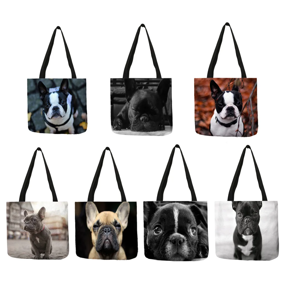 

New Woman Shoulder Bag Cute Bulldog Image Prints Hand Bags Eco Linen Practical Large Capacity Tote Bag for Ladies Girls