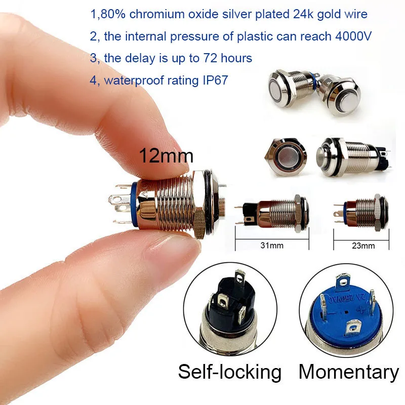 

12mm Metal Button Switch Reset Latching Ring 3V 5V 6V 12V 24V 48V 110V 220V Momentary Self-lock Waterproof Car Auto Engine