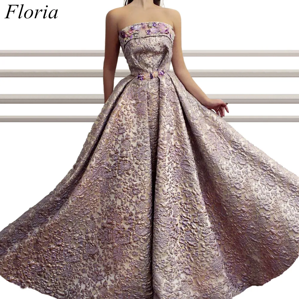 

New Fashion Muslim Celebrity Dresses 2019 A-Line Special Fabric Strapless Sleeveless Sexy Evening Red Carpet Gowns With Crystal