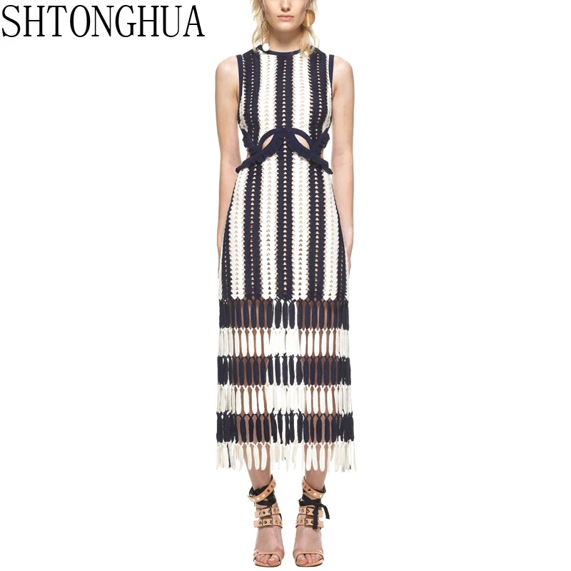 

Runway Dress Self Portrait Summer Sleeveless Lace Hollow out White Blue Patchwork Tassel Women Long Dress Bodycon Party Vestidos