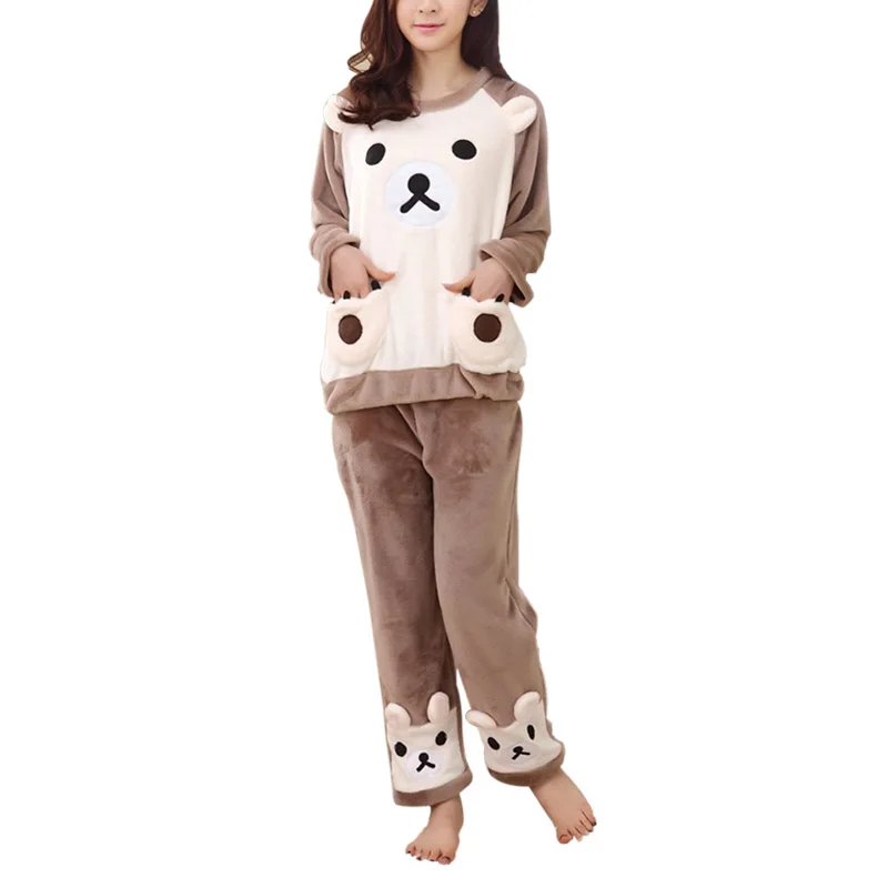 Fashion Women Warm Flannel Pajama Set Sleepwear Cute Bear Tops & Pants Home Wear