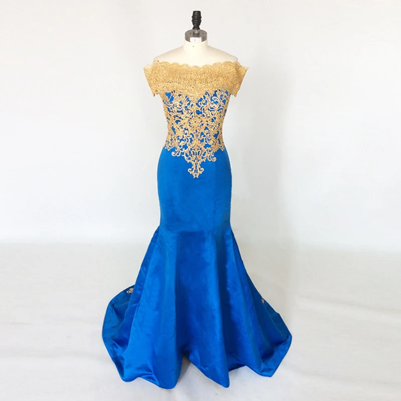 Elegant Evening Dresses Long 2019 Mermaid Off Shoulder Gold Embroidery Floor Length African Women Blue Formal Prom Evening Gown