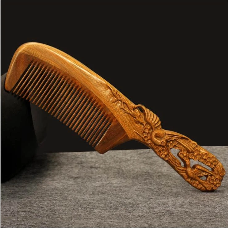 

Carved Handle Green Sandalwood Hair Comb Happy Magpie Craft Anti-static Comb