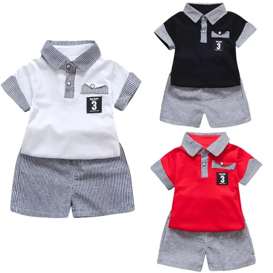 

2018 Boy Clothes Sets Gentleman Suit 2PC Toddler Kids Baby Boy Letter Printed T shirt Tops+Striped Shorts gentleman suit m20