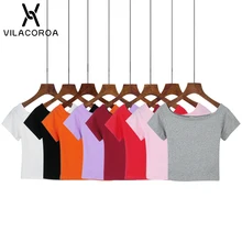 Сексуальный укороченный топ с вырезом-лодочкой, женская футболка с коротким рукавом, черная белая короткая футболка, базовые Стрейчевые футболки