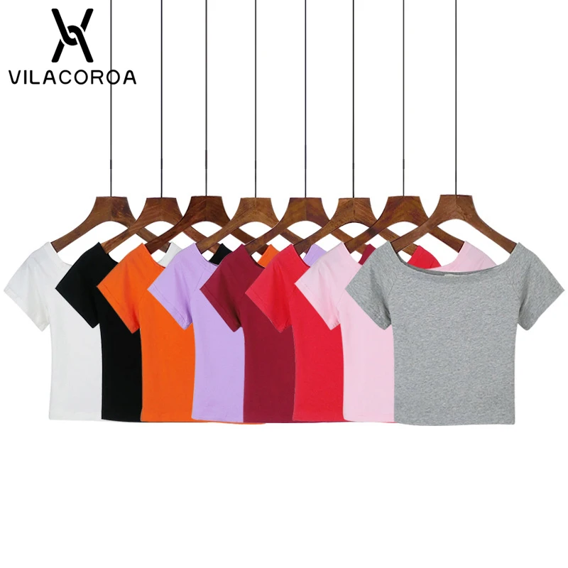 

Best Sell Slash Neck Sexy Crop Top Ladies Short Sleeve T Shirt Tee Black White Short T-shirt Basic Stretch T-shirts