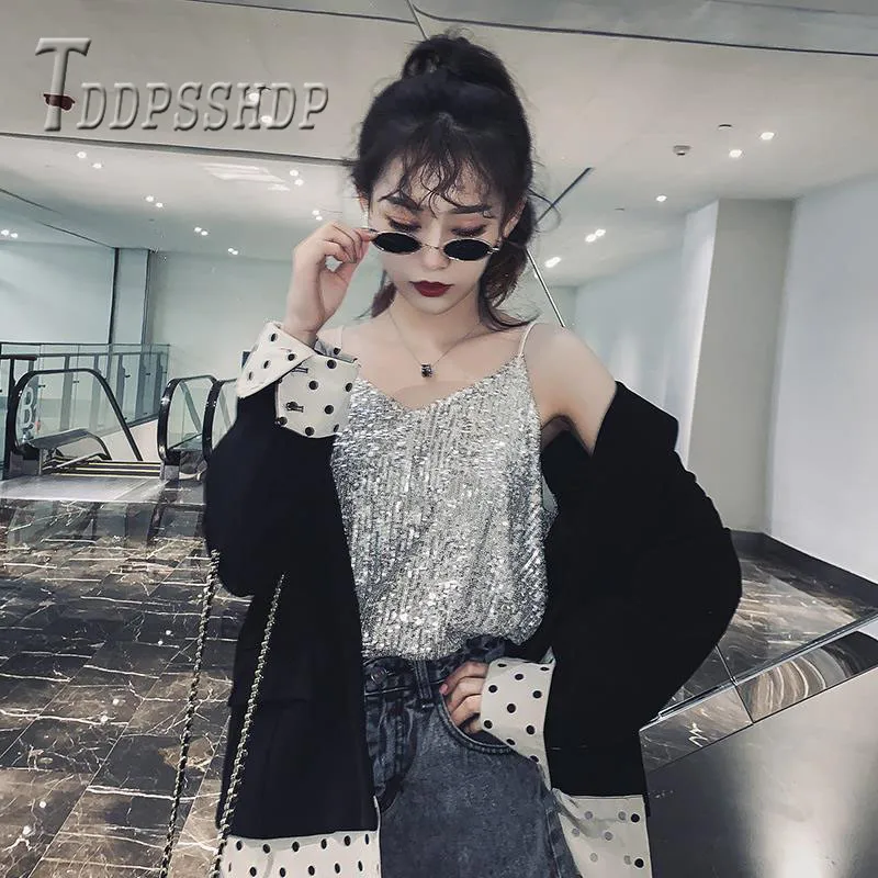 

2019 Shiny Sequins Women Camisole Spring Summer V Neck Female Camis