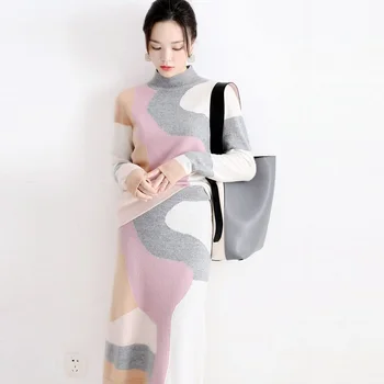 

100% Cashmere Knitted Suits Women Two Pieces Set Patchwork Design Long Sleeve Straight Skirt Fashion New Casual Style 2019
