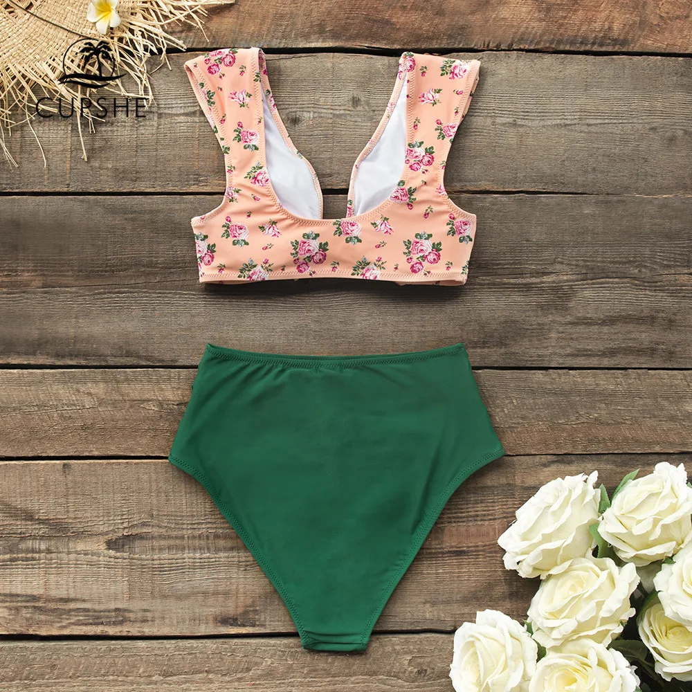 Kaufen CUPSHE Front knoten Rosa Blumen Und Grün High taille Bikini Sets Sexy Badeanzug Zwei Stück Bademode Frauen 2019 strand Badeanzug