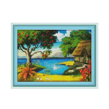 

Apple Tree Printed Cross Stitch Kit Little Lake Scenic Cross Sewing Handmade Sewing Embroidery Decorative Painting