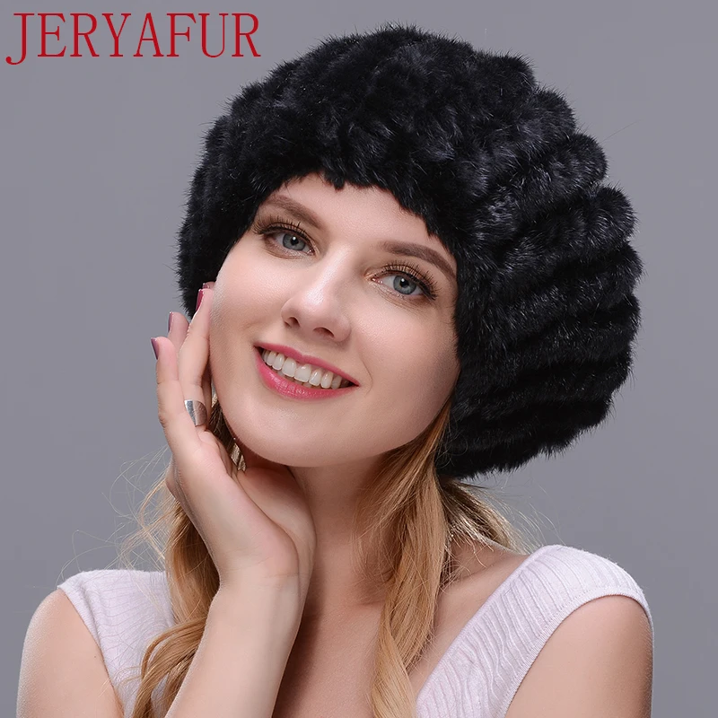 JERYAFUR настоящий натуральный норковый Меховой берет шапка зимняя женская Лыжная