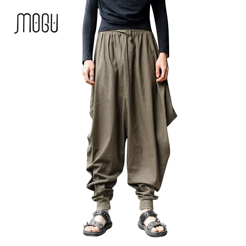 New Novelty Street Wear Pants Men Vintage Original Design Drop Crotch Pants Men Cotton Linen Harem
