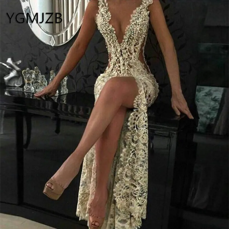evening wear dresses Sexy Backless Lace Evening Dresses 2020 Mermaid Deep V-Neck High Side Slit Pearls African Women Prom Party Gowns sexy evening dresses