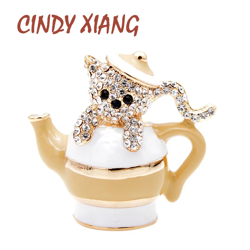 Женская брошь в виде котенка в заварочном чайнике CINDY XIANG, милое украшение из горного хрусталя в виде животного, интересная идея для подарка детям, девушкам