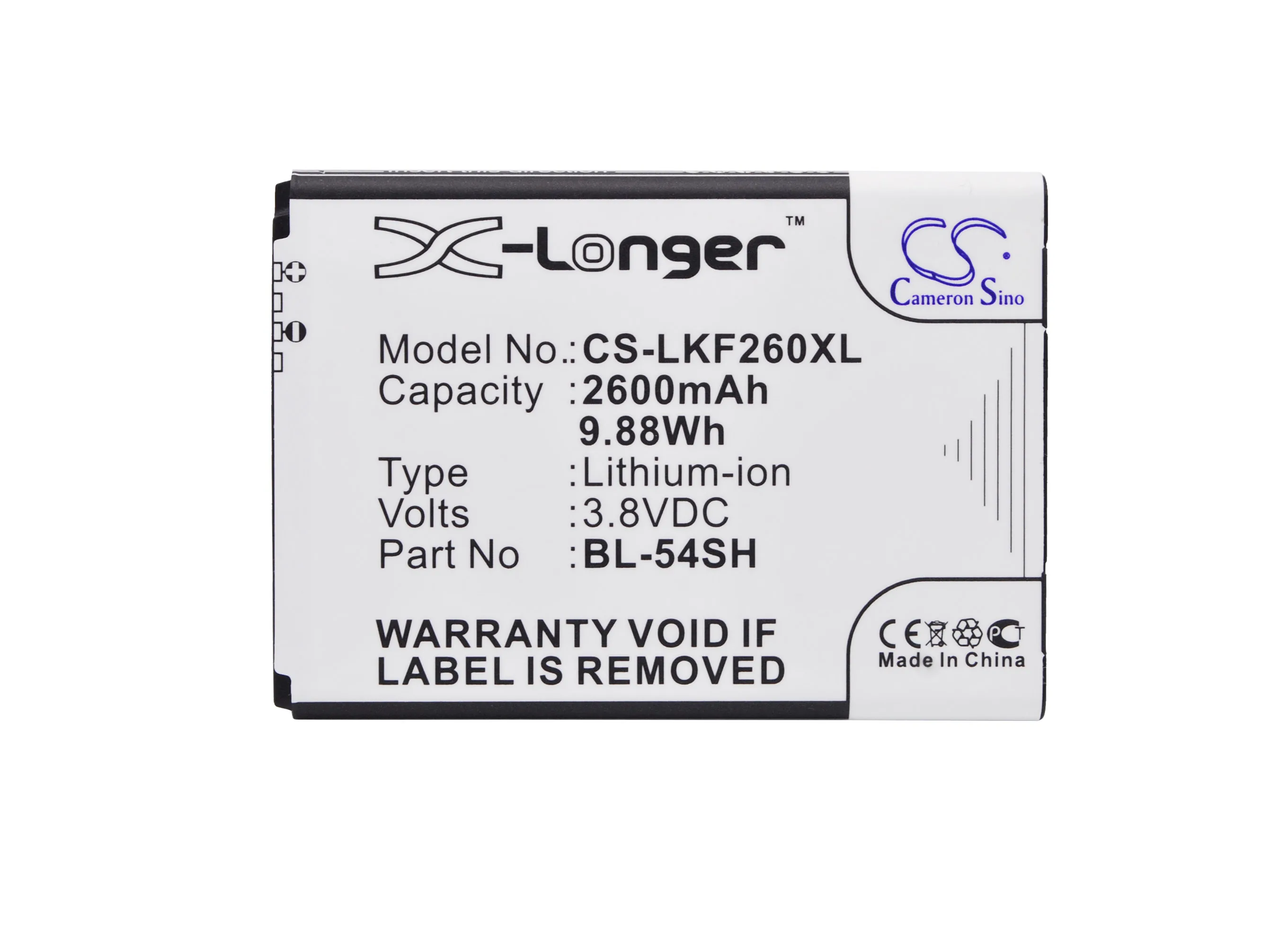 

Cameron Sino 2600mAh Battery BL-54SG, BL-54SH for LG D722,D724,D725,D728,D729,F260,F300,F320,F520,G2,G3 mini,LS885,F7,L8,L80,L90