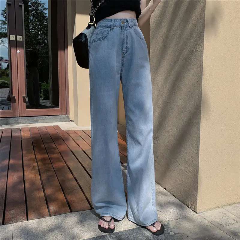 Новинка, стильные летние тонкие джинсы с высокой талией, женские прямые свободные повседневные светильник, синие джинсовые штаны