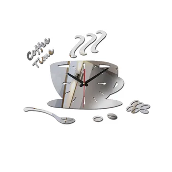 

Fashion home decoration 3d acrylic mirror wall clocks modern living room still life wall clock quartz needle watch coffee cup