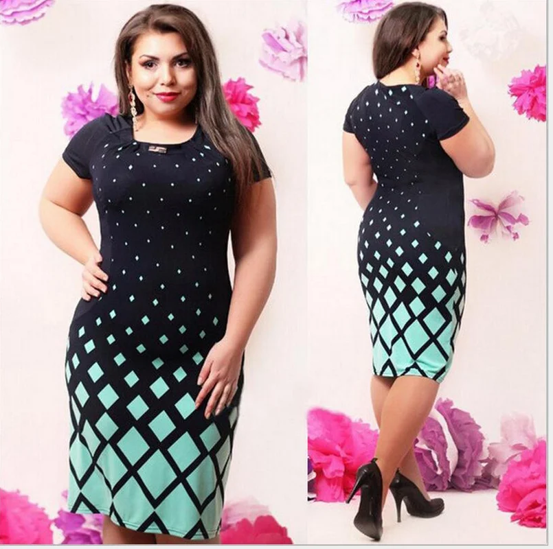 

Summer Round Neck Short Sleeve Plus Size Square Printing Dress for Women Fashion Casual Simple Knee-length Dresses for Female