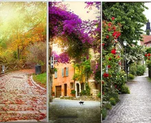 Autumn Leaves Stone Roads French Town Scenic Roses DIY 3D Door Sticker for Kids Room Door Home Decoration Accessories Large Size