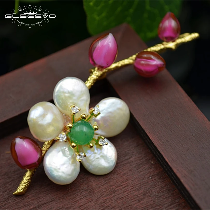 

XlentAg Natural Fresh Water Baroque Pearl Flower Brooch For Women Glaze Pins And Brooches Dual Use Luxury Fine Jewellery GO0126