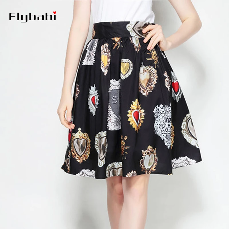 

2018 Runway Custom Summer Half Skirt Women's heart Print Thin Section Cotton Knee-Length Skirts Wild Vintag casual A-Line Skirts