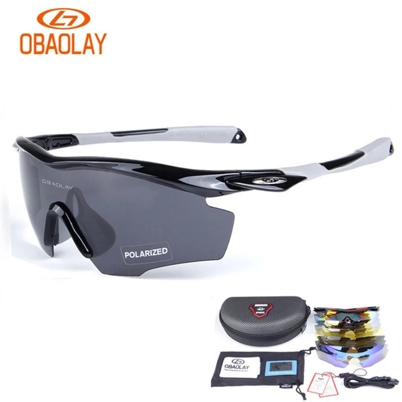 OBAOLAY поляризационные велосипедные очки для мужчин и женщин MTB для езды на велосипеде солнцезащитные очки 5 линз для спорта на открытом воздухе очки для защиты от ветра велосипедные очки - Цвет: Black gray