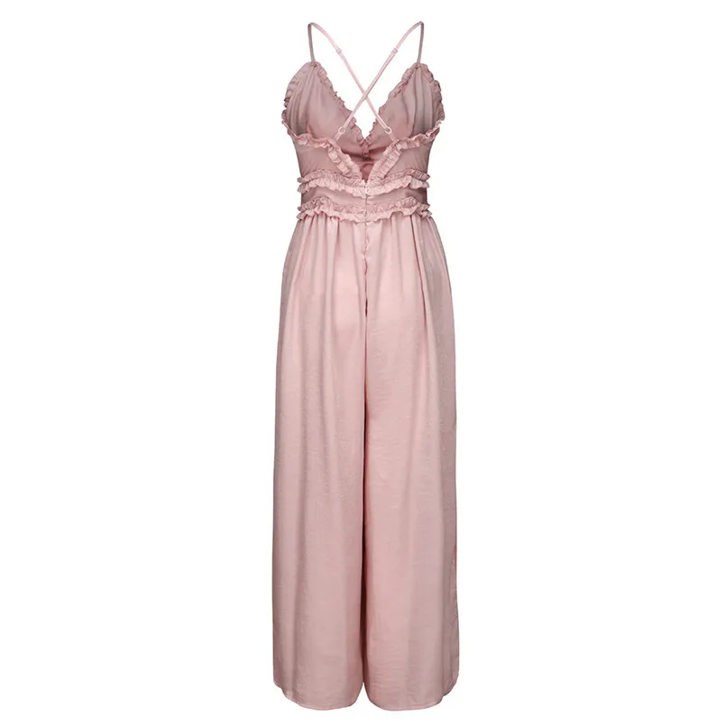 New Fashion Women Summer Sexy  Sleeveless V Neck Solid Ruffle Loose Sling Jumpsuit Elegant Lady Casual Bodysuits Playsuit #4R08 (33)