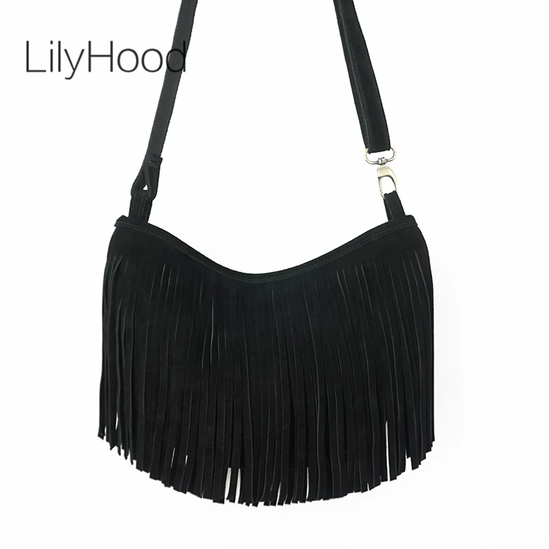 LilyHood 2023 Women Genuine Leather Long Fringe Shoulder Bag Tassel Boho Hippie Gypsy Gothic Rock Music Feminine Shoulder Bag