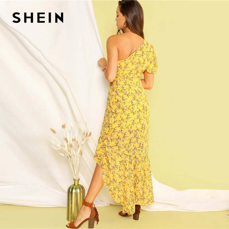 SHEIN Асимметричное Платье С Оборкой И Одним Плечом Женское Желтое Летнее Богемное Платье