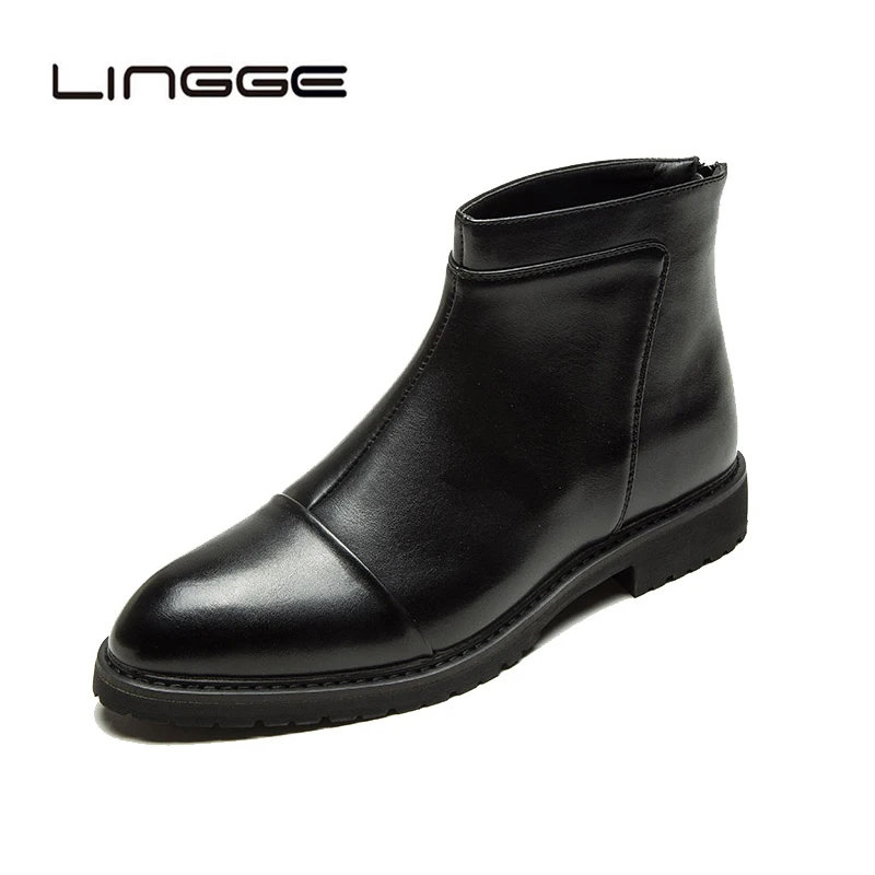 LINGGE Men Classic Slip on Ankle Boots Male Pointed Toe Short Booties Office Dress Shoes