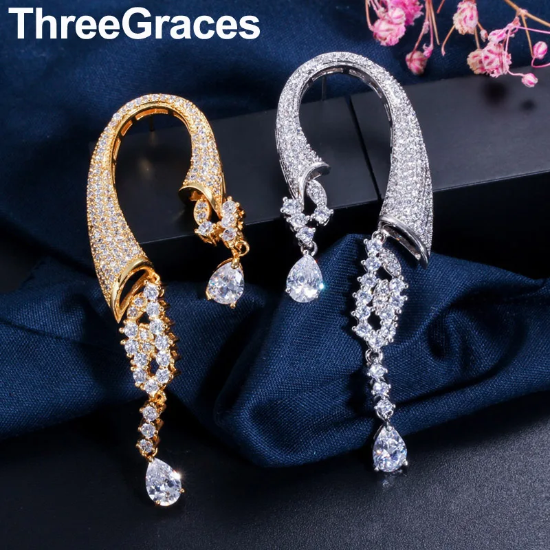 ThreeGraces роскошный бренд Mirco Pave Белый кубический цирконий эксклюзивный длинный большой Висячие свадебные серьги капельки для свадебной вечеринки ER324
