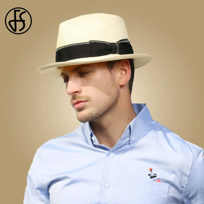 

FS Unisex Men Summer Beach Panama Hat Sun Women Straw Hats Wide Brim Casual Trilby Fedora Male Jazz Cap Sombrero Chapeau Femme