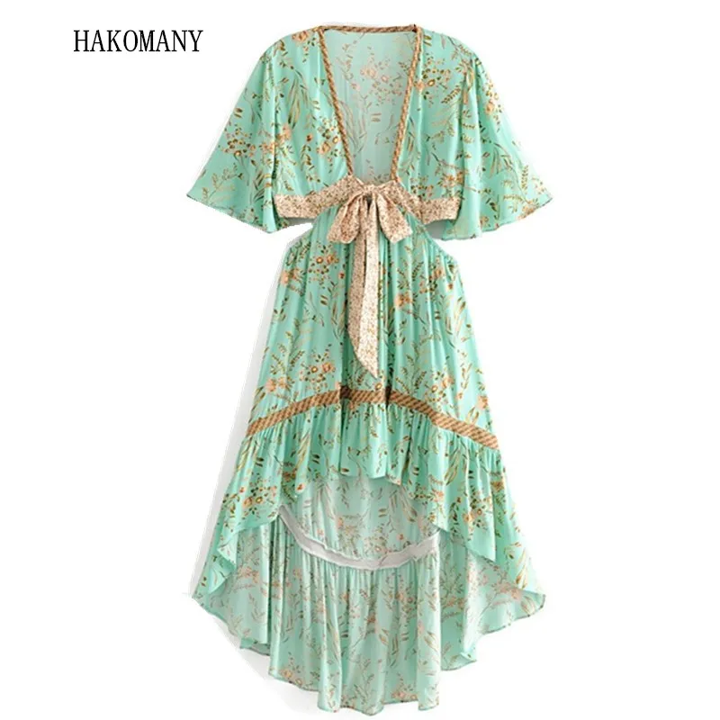 

2019 Woman Deep V neck Floral Print Short Sleeve Swallowtail Dresses Turquoise Tide Bow Sashes Hollow Out Waist Dress
