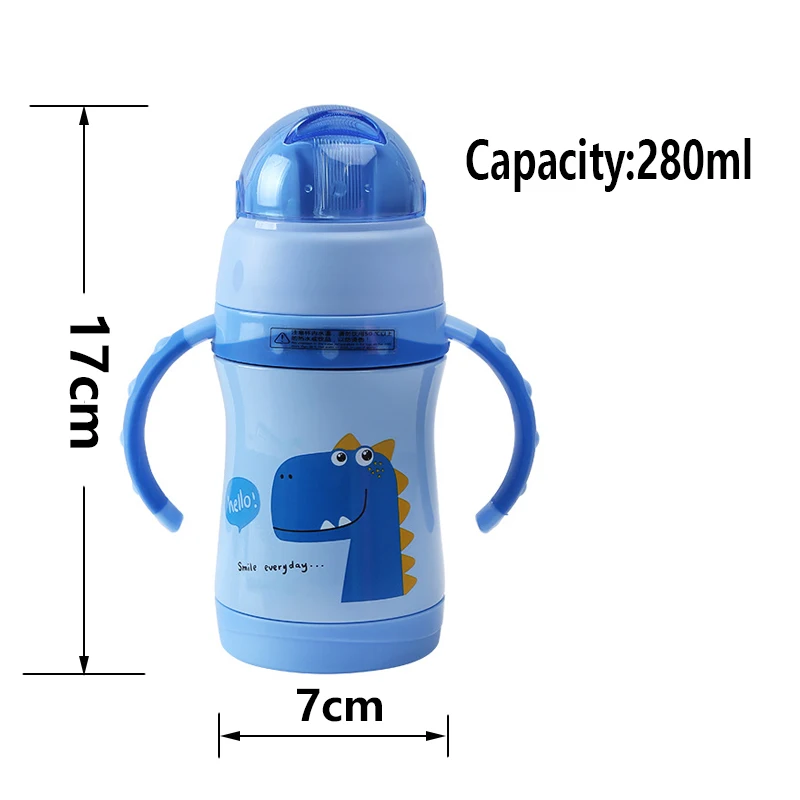 Детская бутылка для воды с цветочным рисунком, 280 мл, насадка и соломинка, сменная чашка двойного назначения из нержавеющей стали с мультяшным рисунком