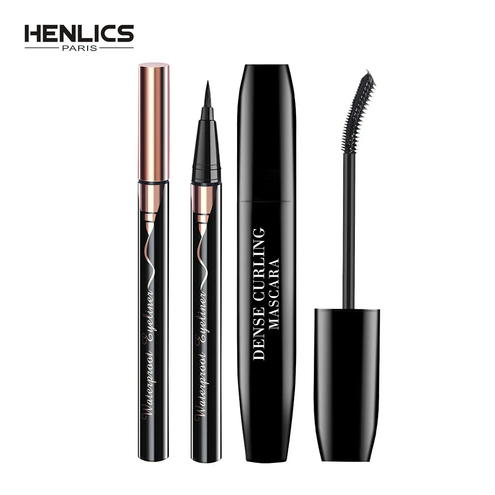 Beste HENLICS 2 stks set Eye Make Up Set langdurige Waterdichte Vloeibare Eyeliner Pen + Krullend Borstel Eye Mascara
