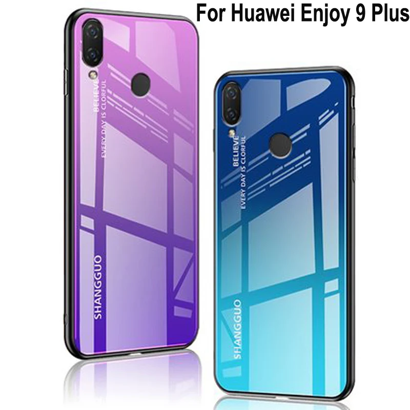 Tempered Glass Case For Huawei Enjoy 9 Plus Gradient Color Blue Ray Aurora Skin Back Cover 9Plus coque | Мобильные телефоны и