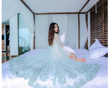 

New sexy women fancy elegant long lace nightgowns 2 peice one set hight quality plus size sleeping dress