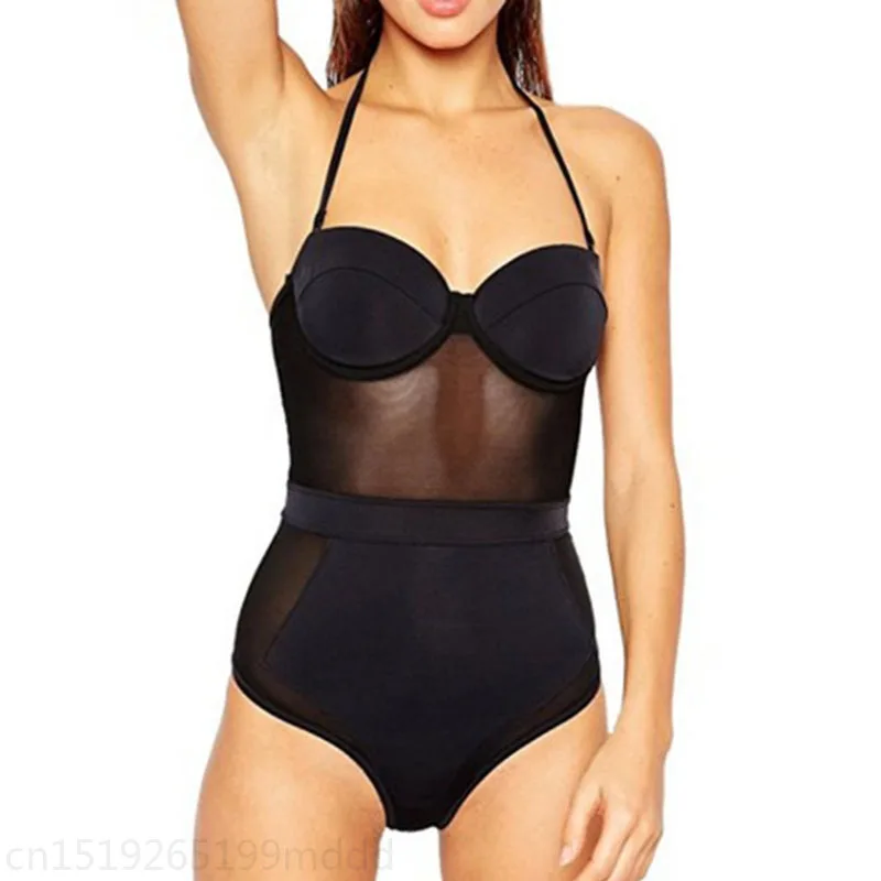 

Women Strapless Push Up Solid Color Mesh Patchwork Triangle One-piece Swimsuit