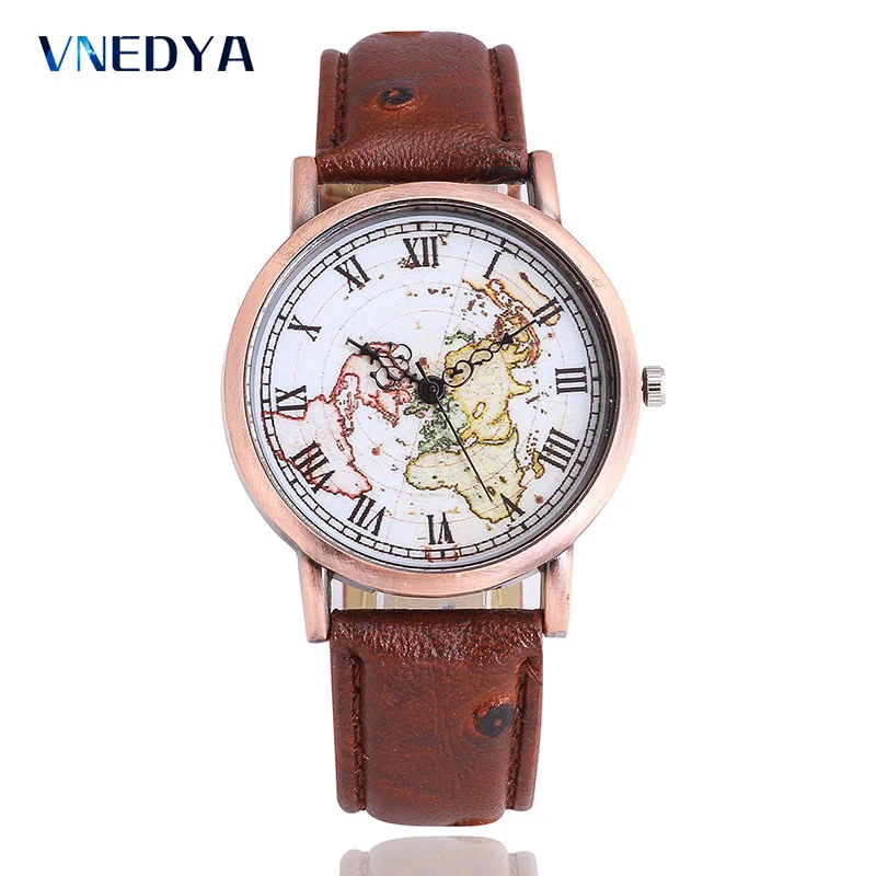 

Moda Mujer 2018 Quartz Watch Retro Women Leather Strap Wristwatch Map Pattern Roman Vintage Style Watch Relogio Feminino Clock