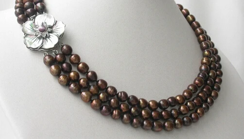 

N3469 Noble 3strands gold FW pearl Necklace flower shell clap % Discount AAA
