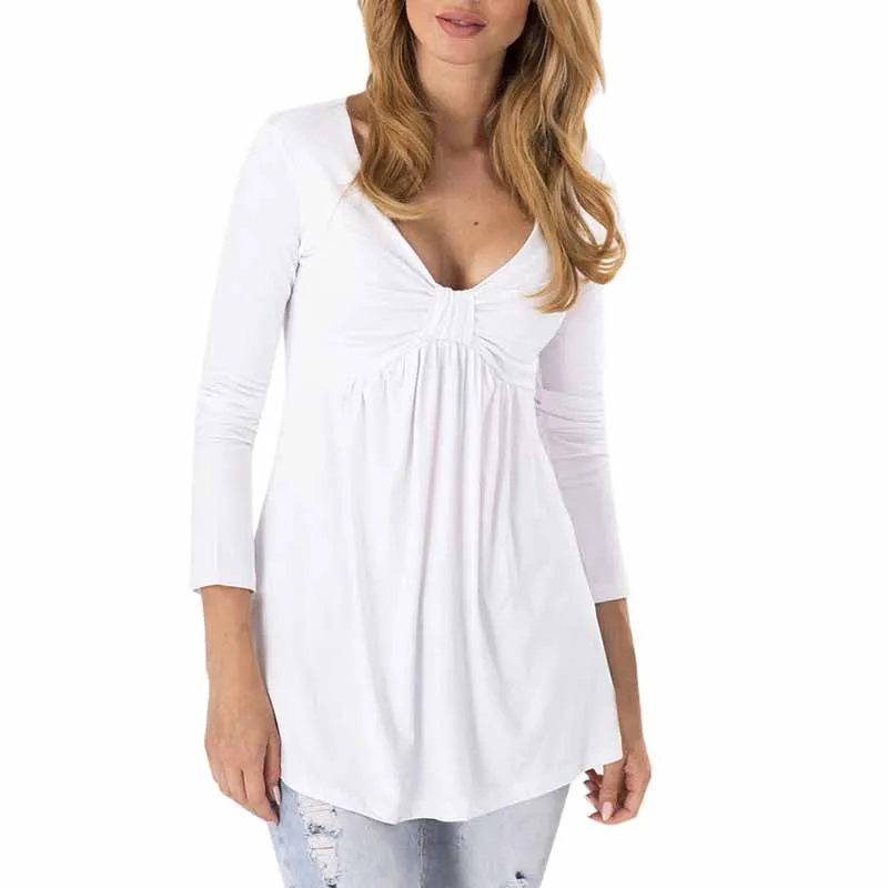BONJEAN, Одежда для беременных, v-образный вырез, со складками, с бантом, с длинными рукавами, свободная футболка для беременных женщин, тройники, топы для беременных - Цвет: White
