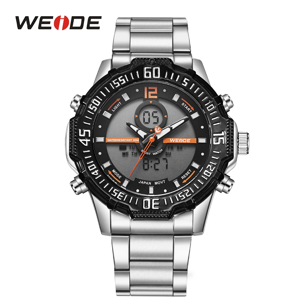 

WEIDE Sport Dual Quartz Movement Digital Stopwatch Back Light Analog Day Stainless Steel Band Strap Hardlex Wrist Watch For Men