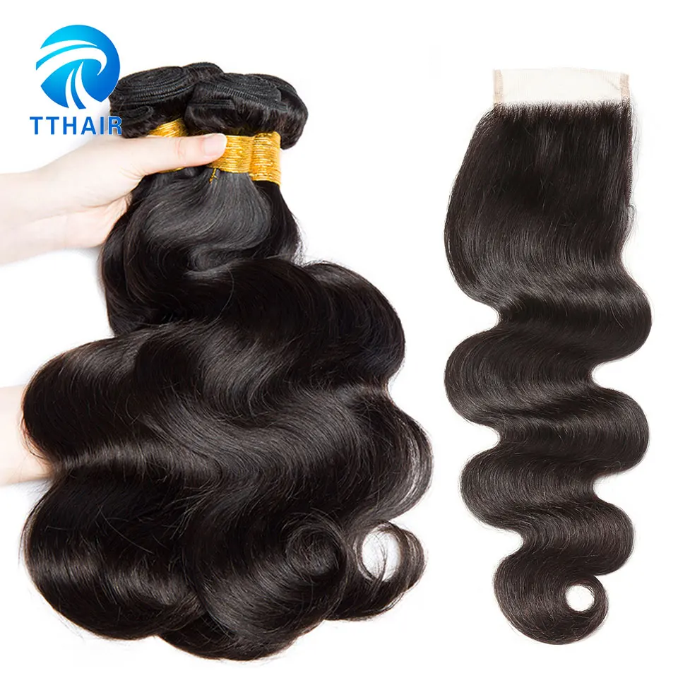 TT волосы перуанской волны человеческого тела пучки волос с закрытием 3 Связки предложения с закрытием 4 шт./лот связки (bundle) не Remy