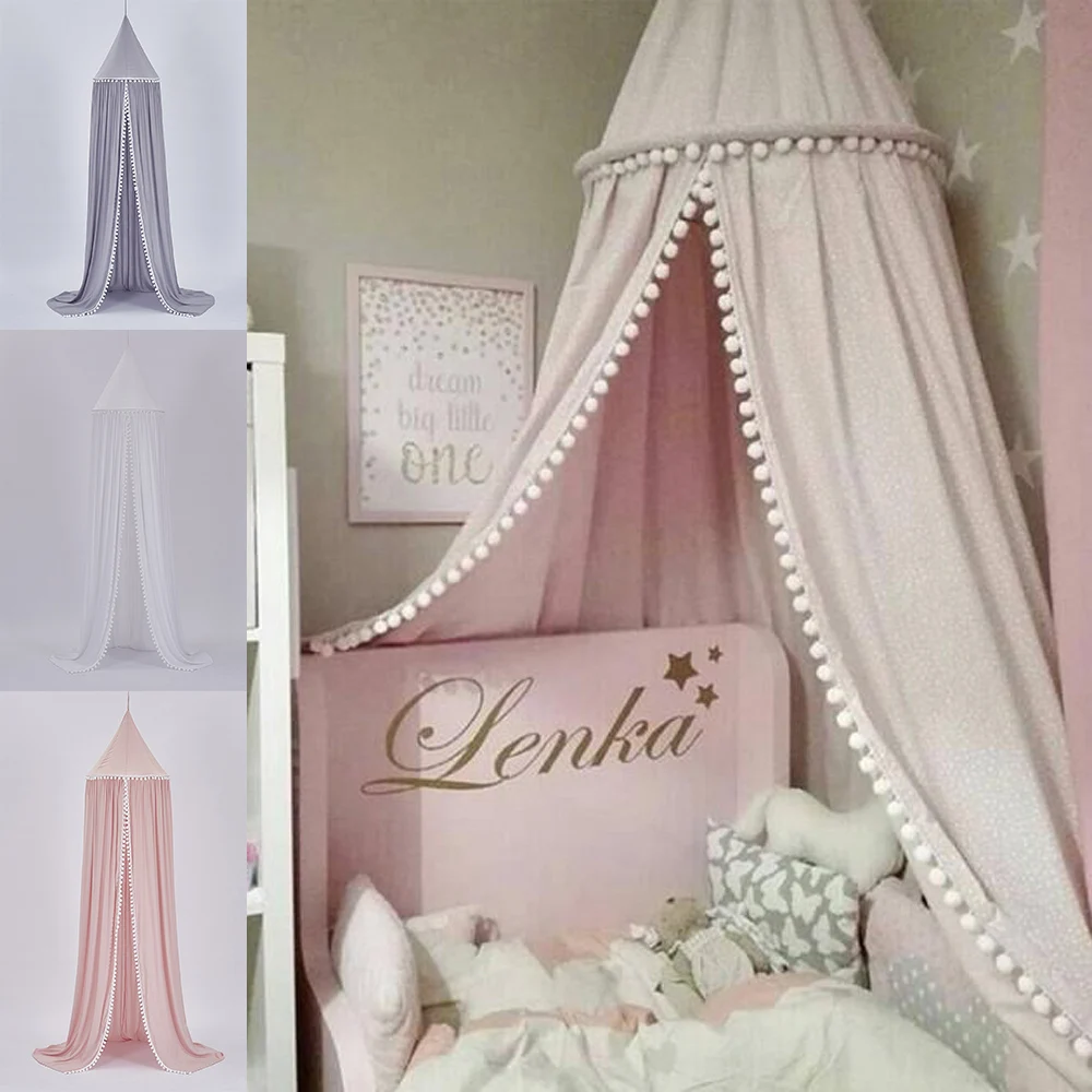 Children Bed Canopy Kids Round Dome Play Tent Hanging Cotton Mosquito Net Curtain Round Tent for Nursery Bedroom Decoration Pink