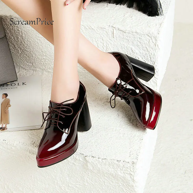 Platform Square High Heel Lace Up Woman Genuine Leather Pumps Fashion Pointed Toe Dress Shoes Woman Black Wine Red Platform Square High Heel Lace Up Woman Genuine Leather Pumps Fashion Pointed Toe Dress Shoes Woman Black Wine Red